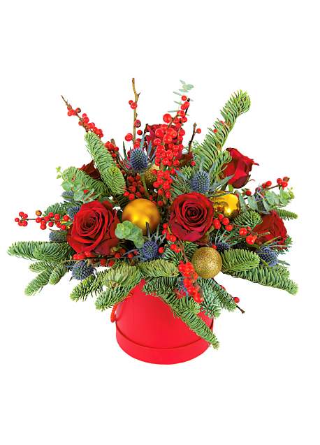 Kalėdų kompozicija su raudonomis rožėmis ir ileks šakelėmis